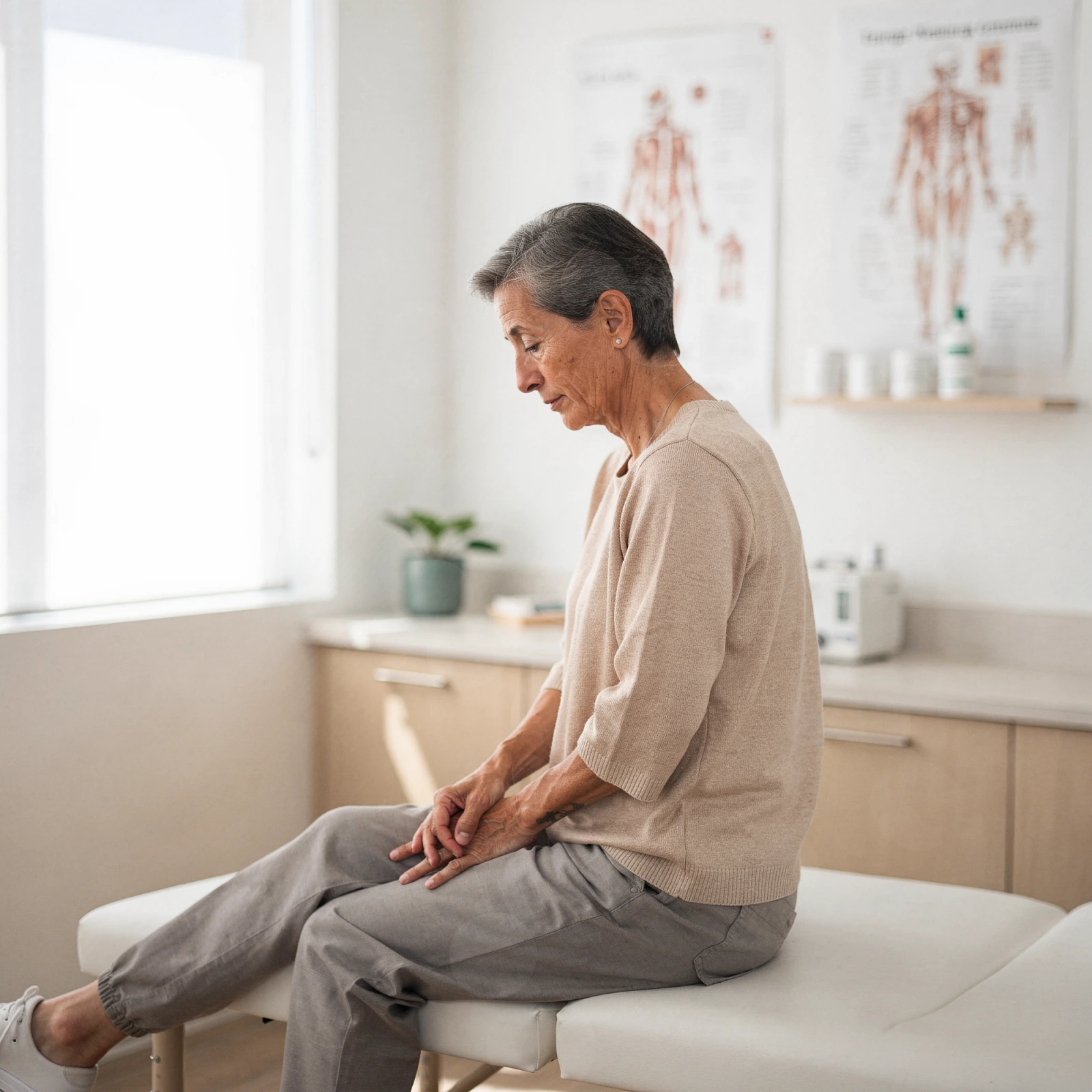 Patient sitting on examination table in clinic with anatomical posters on wall behind